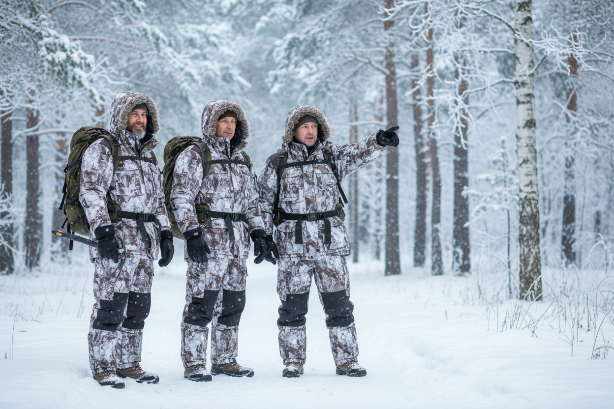 Create a realistic, high-quality hero image for the homepage of an online store that sells outdoor and work clothing for men in Ukraine.

The scene shows 3–4 adult men wearing winter camouflage clothing sets (jackets and pants), standing confidently outdoors in a cold winter environment.
The background is a snowy forest or open winter landscape with soft natural light.
The atmosphere should feel strong, reliable, practical, and honest — not aggressive, not military, not cinematic.

The clothing must look re